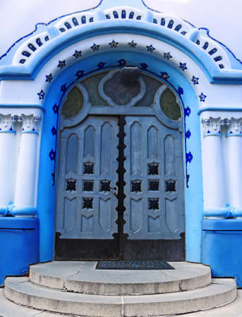 Door of the Hungarian Secessionist Catholic cathedral or the Blue Church in the old town in Bratislava, Slovakia. Local people know this church as the church of St. Elizabeth or Modry Kostol Svatej Alzbetyの写真素材