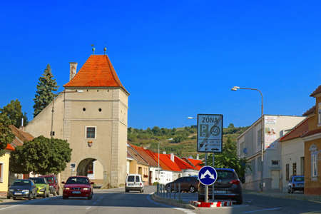 MODRA, SLOVAKIA - AUGUST 31, 2019: The Upper Gate, the only remaining fortification gate, and Sturova Streetのeditorial素材