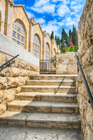 Stairs near church of All Nations also known as the Basilica of the Agony. It is a Roman catholic church located on the Mount of Olives, Jerusalem, Israelの写真素材
