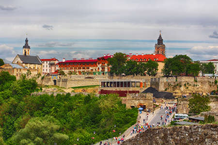 KAMIANETS-PODILSKYI, UKRAINE - MAY 20, 2017: View of tower of city hall left and tower of Dominican church right from Kamianets-Podilskyi Castleのeditorial素材