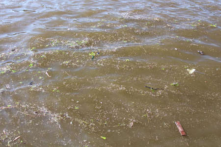 Garbage and dirt in the river. Ecological concept. Muddy water