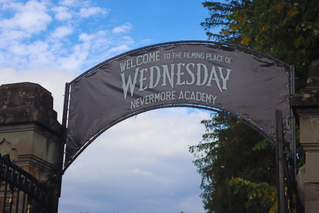 Busteni, Romania - October 13, 2023: Entrance to Cantacuzino Castle. Cantacuzino Castle is the setting for the series "Wednesday" Nevermore Academyのeditorial素材