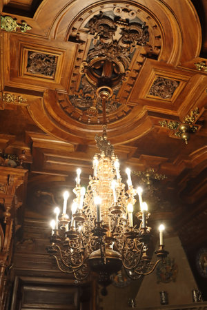 Sinaia, Romania - October 14, 2023: Interior of the beautiful Peles Castle. Chandelierのeditorial素材