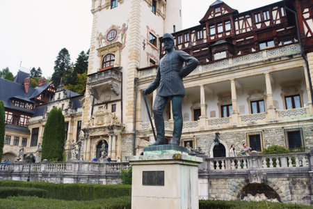 Sinaia, Romania - October 13, 2023: The beautiful Peles Castle. Statue of kingのeditorial素材