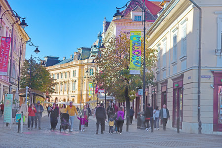 Sibiu, Romania - October 14, 2023: Nicolae Balcescu Street (Strada Nicolae Balcescu)