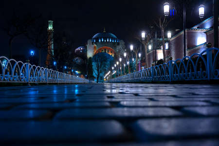 ancient majestic mosque of istanbul at nightのeditorial素材