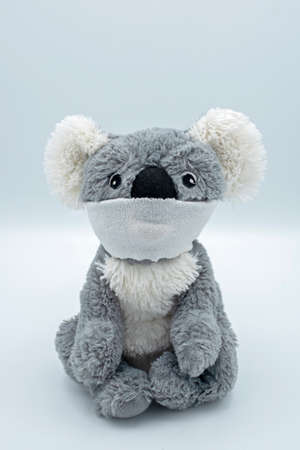 teddy bears from different countries wearing protective masks against coronavirus on a white...