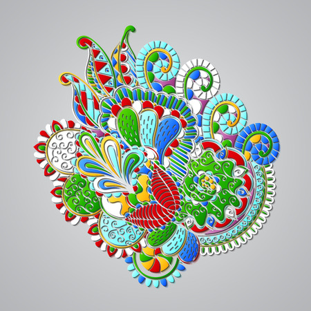 Mehndi 3d imitation design. Paisley, winding stem, spiral, wave, bud mehndi doodle. Colorful photorealistic design, tracery handmade. Curved lines, doodling design.のイラスト素材