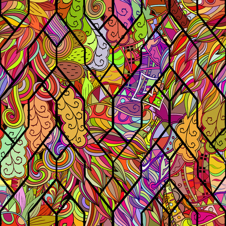Tracery calming pattern. Mehendi design. Neat even colorful harmonious doodle texture in the style of stained glass. Algae sea motif. Ambitious bracing usable, curved doodling mehndi. Vector.のイラスト素材
