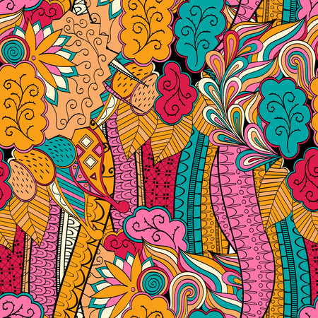 Tracery seamless calming orange pattern with blue and red. Mehendi design. Neat even colorful harmonious doodle texture. Indifferent discreet. Ambitious bracing usable, curved doodling mehndi. Vector.のイラスト素材