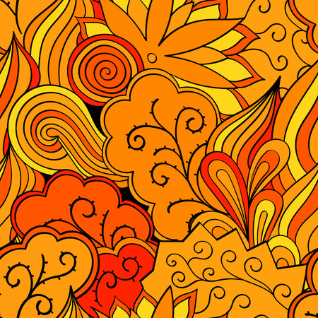Tracery seamless calming orange pattern. Mehendi design. Neat even harmonious doodle texture. Ambitious bracing usable handmade, discreet curved doodling mehndi. Indifferent faded motif. Vector.のイラスト素材