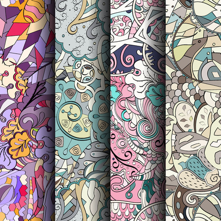 Set of tracery colorful seamless patterns. Curved doodling backgrounds for textile or printing with mehndi and ethnic motives.のイラスト素材