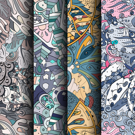 Set of tracery colorful seamless patterns. Curved doodling backgrounds for textile or printing with mehndi and ethnic motives. Vector Set of tracery colorful seamless patterns. Curved doodling backgrounds for textile or printing with mehndi and ethnic motives. Vector