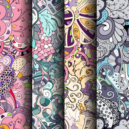 Set of tracery colorful seamless patterns. Curved doodling backgrounds for textile or printing with mehndi and ethnic motives. Vector Set of tracery colorful seamless patterns. Curved doodling backgrounds for textile or printing with mehndi and ethnic motives. Vector