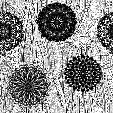 Tracery seamless pattern calming. Mehndi flowers design. Neat even doodle binary harmonious texture. Algae sea motif. Ethnically indifferent. Ambiguous usable bracing, curved doodling mehendi. Vector.のイラスト素材