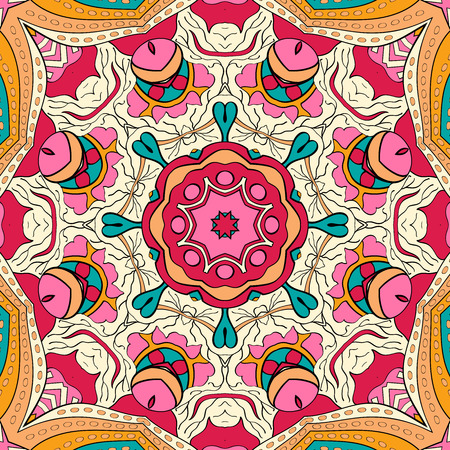 Tracery colorful pattern. Mehendi carpet design. Neat even harmonious calming doodle texture. Also seamless. Indifferent discreet. Trace ambitious bracing usable, curved doodling mehndi. Vector.のイラスト素材
