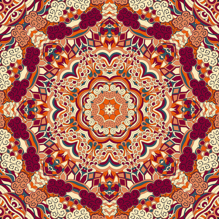 Tracery colorful pattern. Mehendi carpet design. Neat even harmonious calming doodle texture. Also seamless. Indifferent discreet. Ambitious bracing usable, curved doodling mehndi. Vector.のイラスト素材
