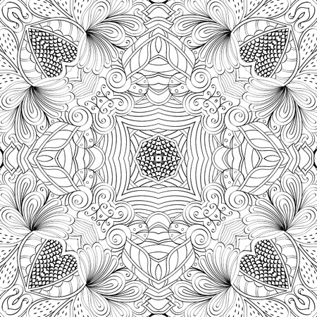Tracery binary monochrome pattern. Mehendi carpet design. Neat even harmonious calming doodle texture. Also seamless. Indifferent discreet. Ambitious bracing usable, curved doodling mehndi. Vector.のイラスト素材