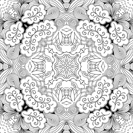 Tracery binary monochrome pattern. Mehendi carpet design. Neat even harmonious calming doodle texture. Also seamless. Indifferent discreet. Ambitious bracing usable, curved doodling mehndi. Vector.のイラスト素材