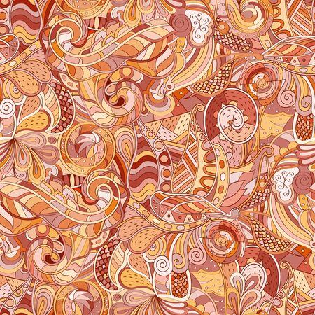 Tracery seamless calming pattern. Mehendi design. Ethnic brown harmonious doodle texture. Indifferent discreet. Curved doodling mehndi motif. Vector.のイラスト素材