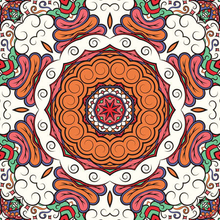 Seamless tracery tile mehndi design. Ethnic ornament, colorful doodle symmetry texture. Folk...