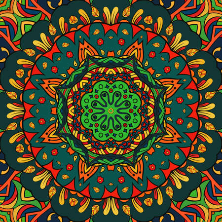 Seamless tracery tile mehndi design. Ethnic ornament, colorful doodle symmetry texture. Folk traditional spiritual tribal design. Curved doodling motif. Color art. Vectorのイラスト素材