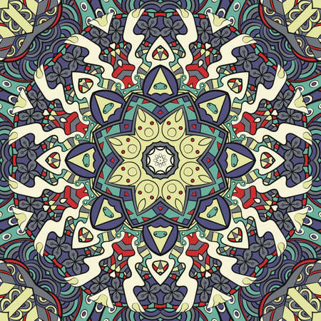 Seamless tracery tile mehndi design. Ethnic ornament, colorful doodle symmetry texture. Folk traditional spiritual tribal design. Curved doodling motif. Color art. Vectorのイラスト素材