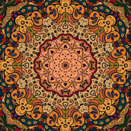 Seamless tracery tile mehndi design. Ethnic ornament, colorful doodle symmetry texture. Folk traditional spiritual tribal design. Curved doodling motif. Color art. Vectorのイラスト素材