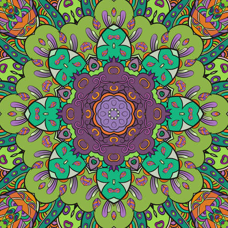 Seamless tracery tile mehndi design. Ethnic ornament, colorful doodle symmetry texture. Folk traditional spiritual tribal design. Curved doodling motif. Color art. Vectorのイラスト素材
