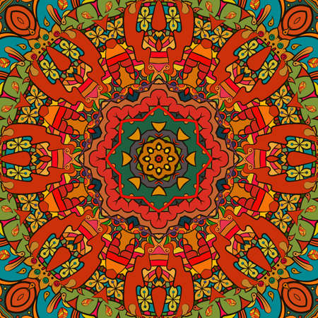 Seamless tracery tile mehndi design. Ethnic ornament, colorful doodle symmetry texture. Folk traditional spiritual tribal design. Curved doodling motif. Color art. Vectorのイラスト素材