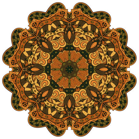Mandala, tracery wheel mehndi design. Ethnic ornament, colorful doodle symmetry texture. Folk traditional spiritual tribal design. Curved shape, isolated on white. Color art. Vectorのイラスト素材