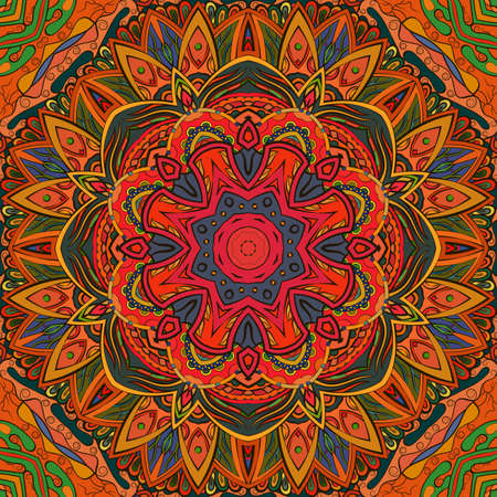 Seamless tracery tile mehndi design. Ethnic ornament, colorful doodle symmetry texture. Folk traditional spiritual tribal design. Curved doodling motif. Color art. Vectorのイラスト素材