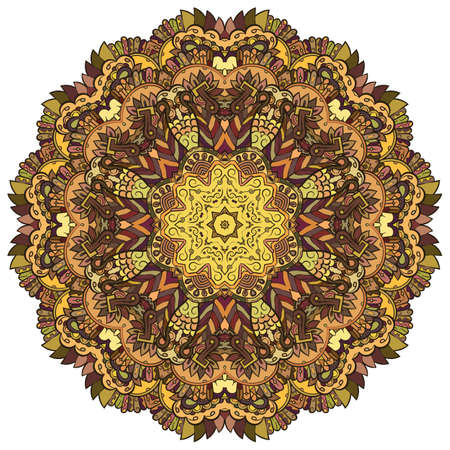 Mandala, tracery wheel mehndi design. Ethnic ornament, colorful doodle symmetry texture. Folk traditional spiritual tribal design. Curved shape, isolated on white. Color art. Vectorのイラスト素材