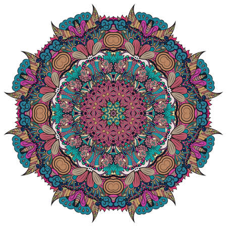 Mandala, tracery wheel mehndi design. Ethnic ornament, colorful doodle symmetry texture. Folk traditional spiritual tribal design. Curved shape, isolated on white. Color art. Vectorのイラスト素材