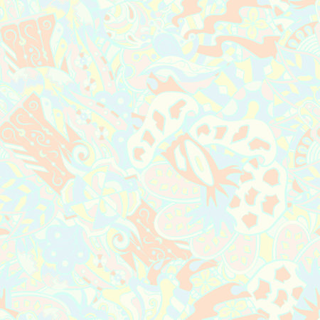 Tracery seamless pattern. mehndi design. pastel. 7 colors. Ethnic doodle texture. Curved doodling background. Vector.のイラスト素材
