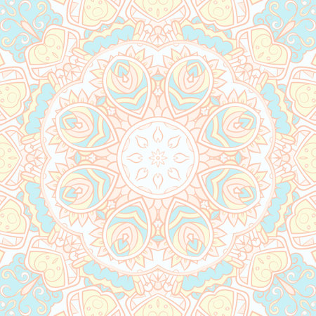 Seamless tile texture. Tracery mehndi design image. pastel. Ethnic doodle art. Curved doodling picture. Vector.のイラスト素材