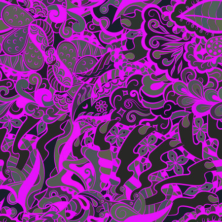 Tracery seamless pattern. mehndi design. Dark sharp colors. Ethnic doodle texture. Curved doodling background. Vector.のイラスト素材