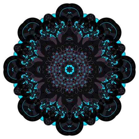 mandala. tracery wheel image. mehndi design. Dark toxic colors. Ethnic doodle art. Curved doodling picture. Vector.のイラスト素材