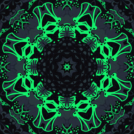 Seamless tile texture. Tracery mehndi design image. Dark toxic colors. Ethnic doodle art. Curved doodling picture. Vector.のイラスト素材