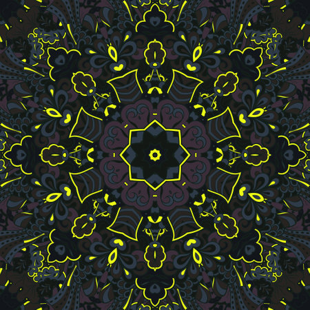 Seamless tile texture. Tracery mehndi design image. Dark toxic colors. Ethnic doodle art. Curved doodling picture. Vector.のイラスト素材