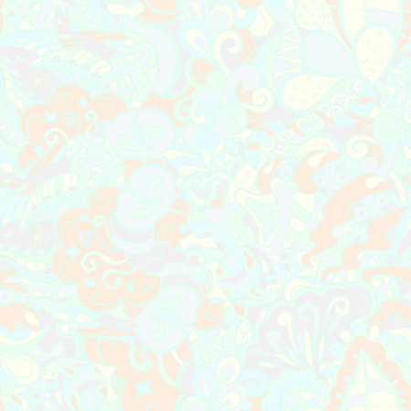 Tracery seamless pattern. mehndi design. pastel. 7 colors. Ethnic doodle texture. Curved doodling background. Vector.のイラスト素材