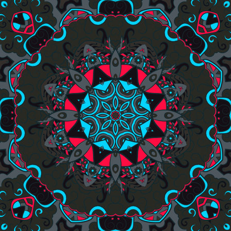 Seamless tile texture. Tracery mehndi design image. Dark toxic colors. Ethnic doodle art. Curved doodling picture. Vector.のイラスト素材