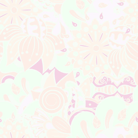 Tracery seamless pattern. mehndi design. pastel. 6 colors. Ethnic doodle texture. Curved doodling background. Vector.のイラスト素材