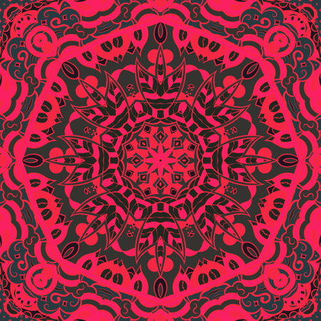 Seamless tile texture. Tracery mehndi design image. Dark toxic colors. Ethnic doodle art. Curved doodling picture. Vector.のイラスト素材