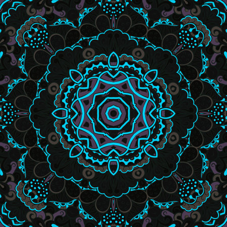 Seamless tile texture. Tracery mehndi design image. Dark toxic colors. Ethnic doodle art. Curved doodling picture. Vector.のイラスト素材