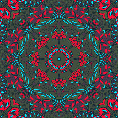 Seamless tile texture. Tracery mehndi design image. Dark toxic colors. Ethnic doodle art. Curved doodling picture. Vector.のイラスト素材
