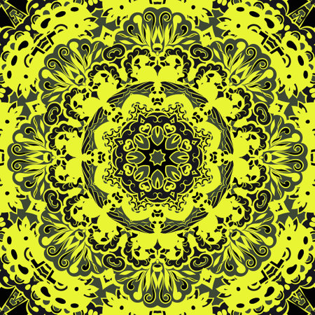 Seamless tile texture. Tracery mehndi design image. Dark toxic colors. Ethnic doodle art. Curved doodling picture. Vector.のイラスト素材