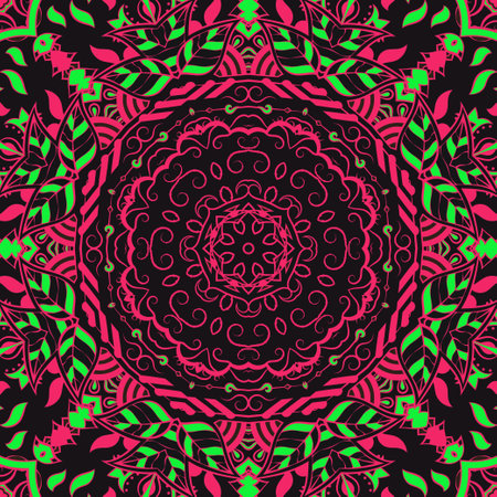 Seamless tile texture. Tracery mehndi design image. Dark toxic colors. Ethnic doodle art. Curved doodling picture. Vector.のイラスト素材