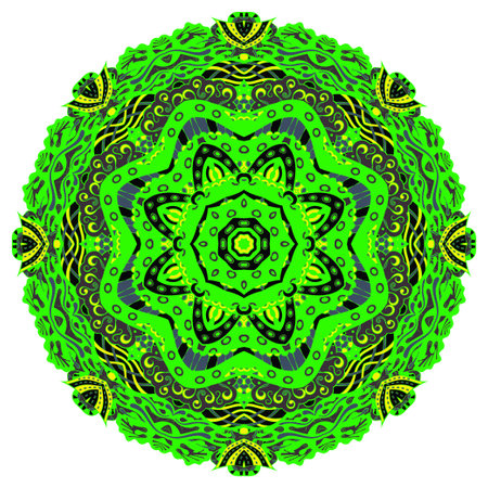 mandala. tracery wheel image. mehndi design. Dark toxic colors. Ethnic doodle art. Curved doodling picture. Vector.のイラスト素材