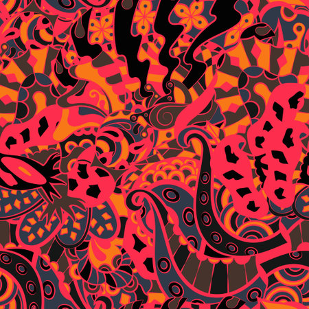 Tracery seamless pattern. mehndi design. Dark sharp colors. 6 colors. Ethnic doodle texture. Curved doodling background. Vector.のイラスト素材